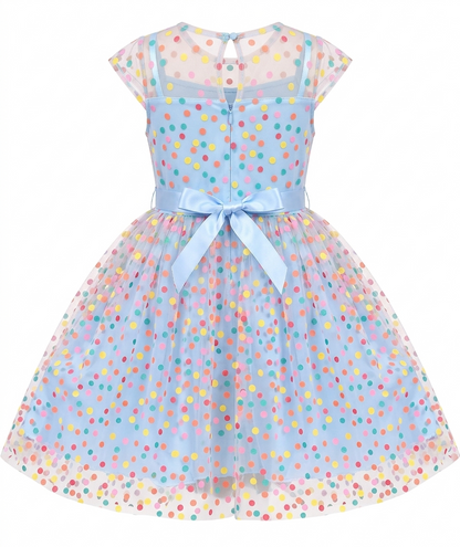 Sunny Fashion Girls Rainbow Polka Dot Tulle Dress with Ribbon Waist