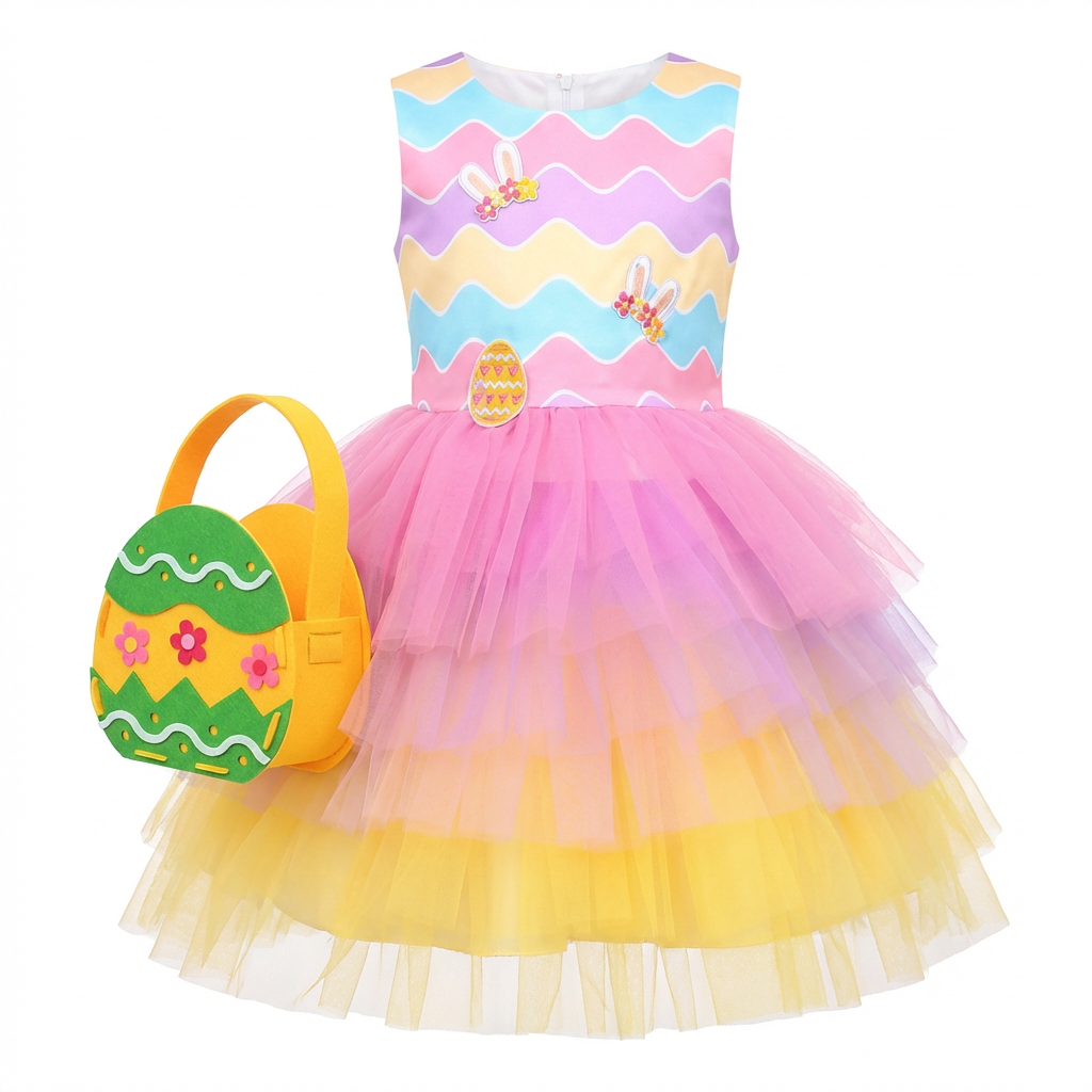 Sunny Fashion Girls Rainbow Easter Tulle Princess Dress with Egg Bag