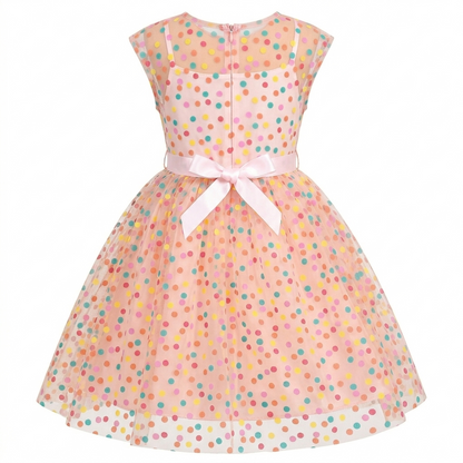Sunny Fashion Girls Rainbow Polka Dot Tulle Dress with Ribbon Waist