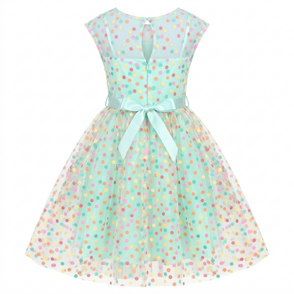 Sunny Fashion Girls Rainbow Polka Dot Tulle Dress with Ribbon Waist