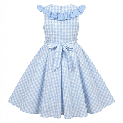 Sunny Fashion Girls Blue Gingham Plaid Ruffle Cotton Dress