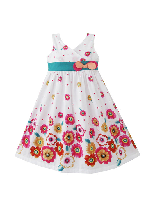Girls Dress Pink Yellow Sunflower Print Bow Tie Sundress Pink