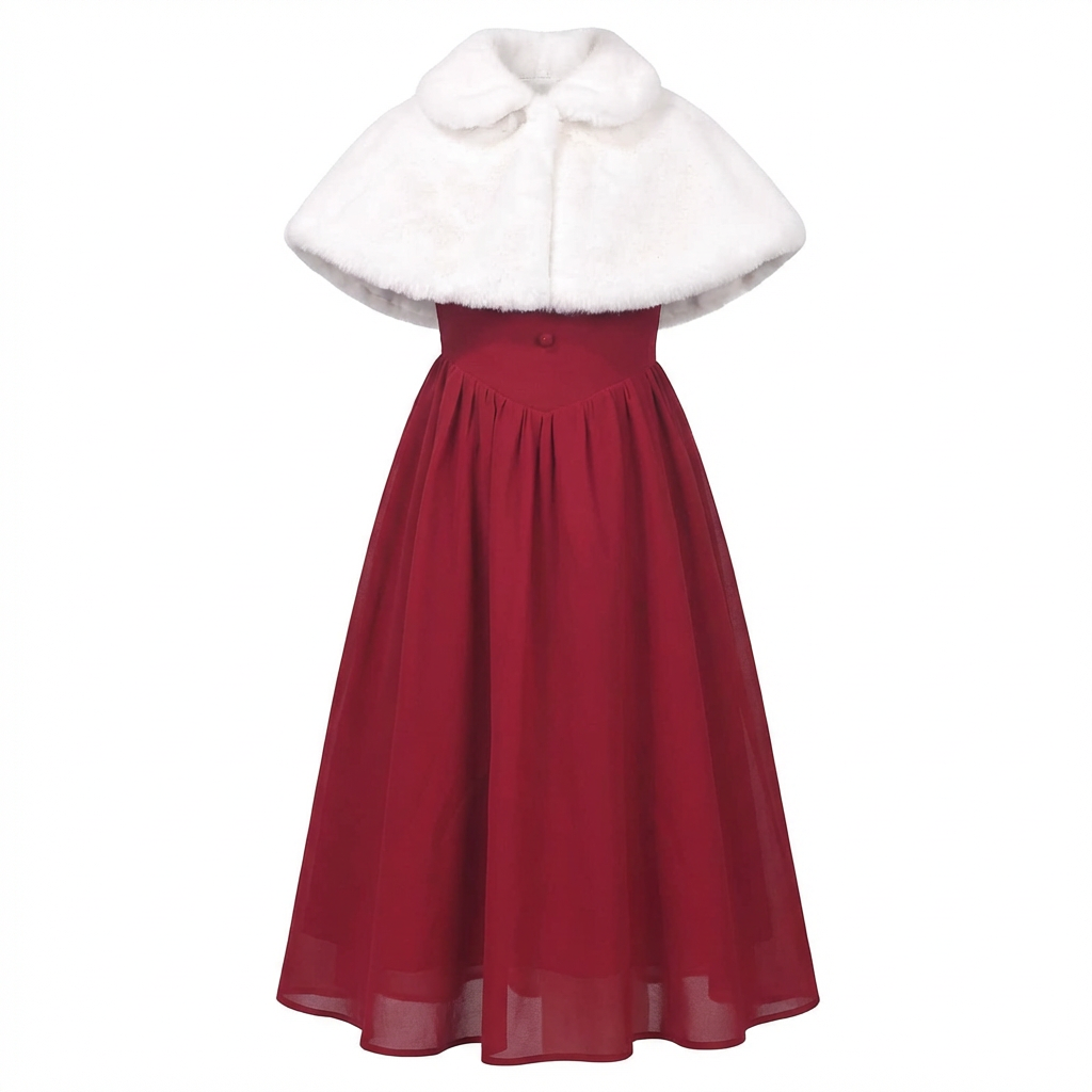 Sunny Fashion Girls Burgundy Chiffon Halter Dress with Faux Fur Cape