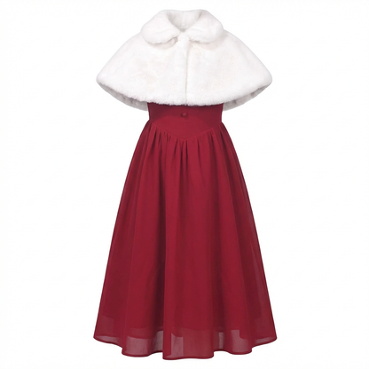 Sunny Fashion Girls Burgundy Chiffon Halter Dress with Faux Fur Cape