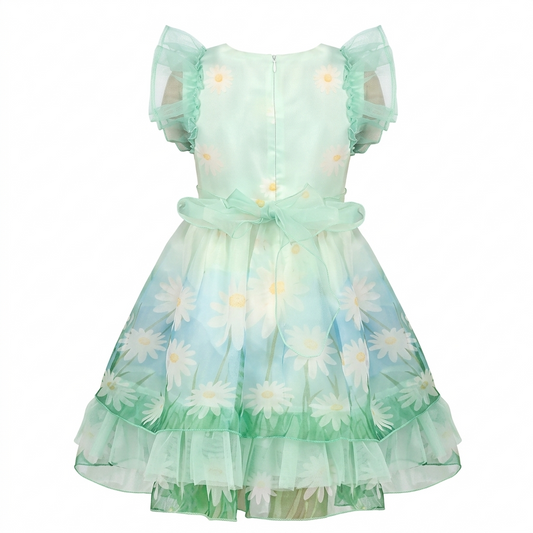 Sunny Fashion Girls Mint Green Daisy Tulle Dress with Ruffle Sleeves