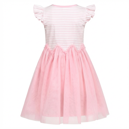 Sunny Fashion Girls Yellow Striped Cotton Dress with Daisy Tulle Skirt