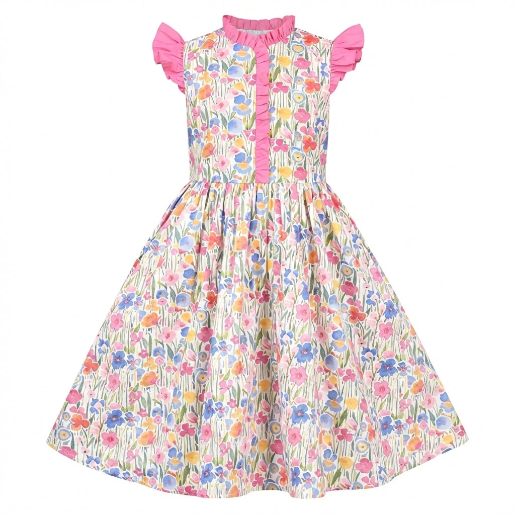 Sunny Fashion Girls Blue Botanical Floral Dress with Ruffle Collar