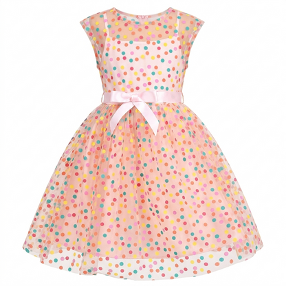 Sunny Fashion Girls Rainbow Polka Dot Tulle Dress with Ribbon Waist