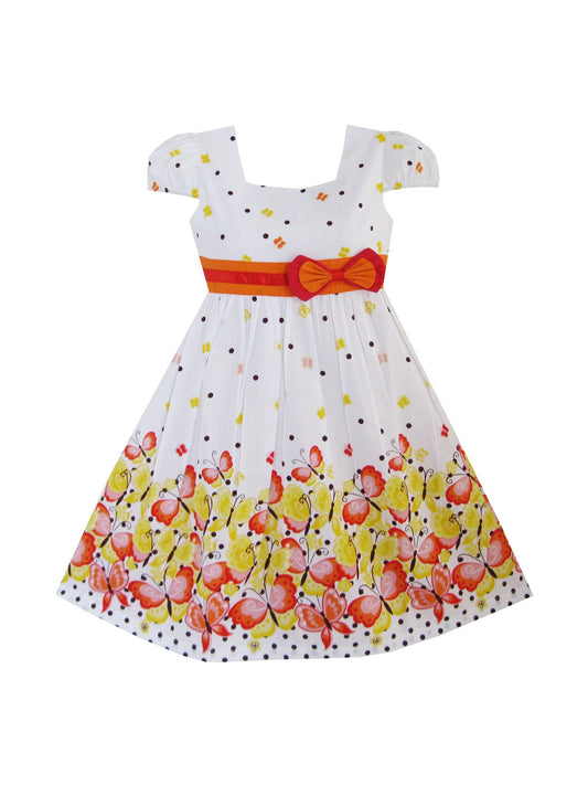 Girls Dress Butterfly Print Bow Tie Princess School Children Clothing Orange