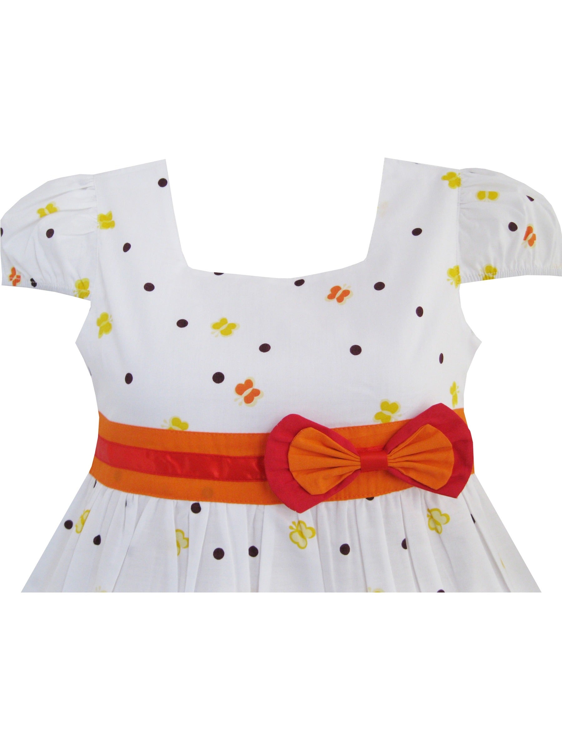 Girls Dress Butterfly Print Bow Tie Princess School Children Clothing Orange