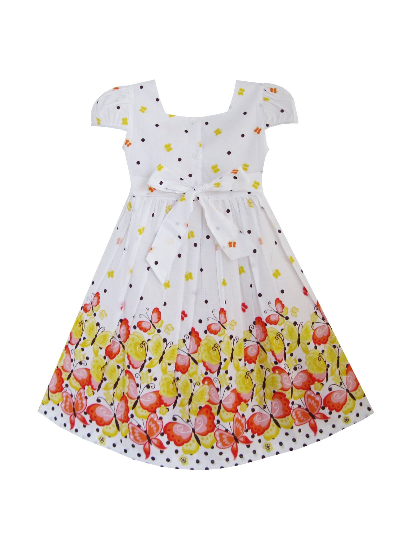 Girls Dress Butterfly Print Bow Tie Princess School Children Clothing Orange