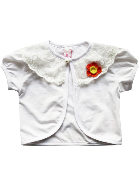 Girls Dress White Top Vest Shrug Lace Flower Pearl Short Sleeve Kids White