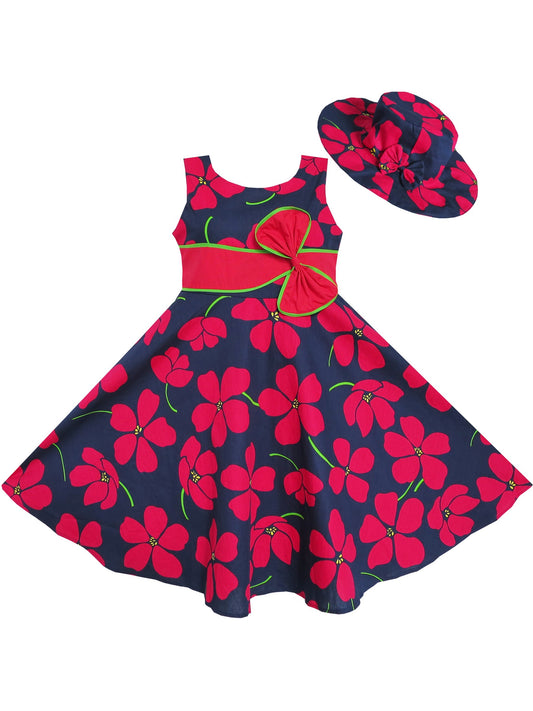 2 Pecs Girls Dress Sun Hat Bow Tie Flower Summer Beach Kids Clothing Red