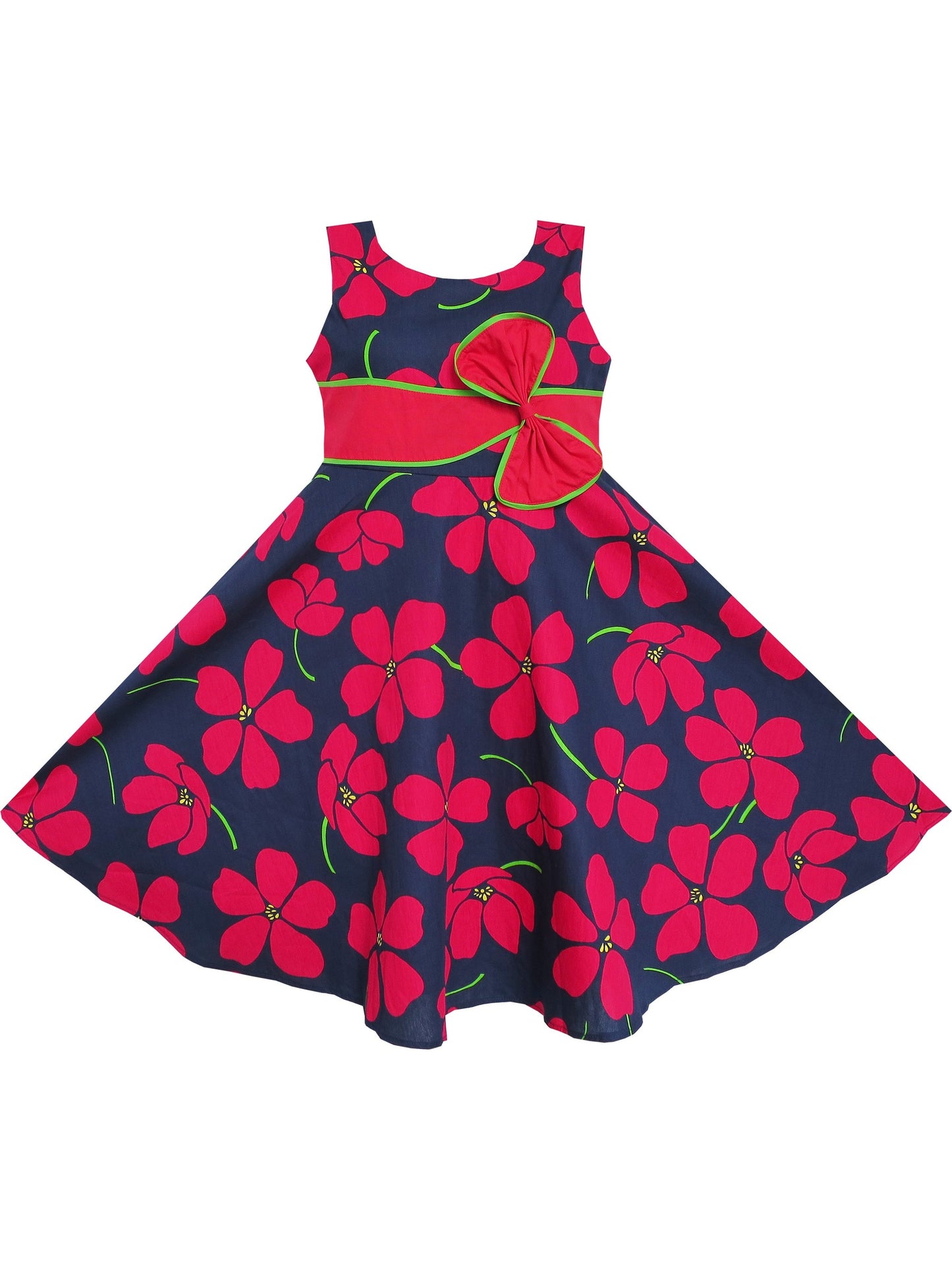 2 Pecs Girls Dress Sun Hat Bow Tie Flower Summer Beach Kids Clothing Red