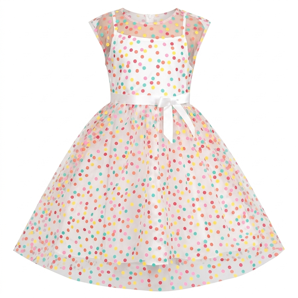 Sunny Fashion Girls Rainbow Polka Dot Tulle Dress with Ribbon Waist