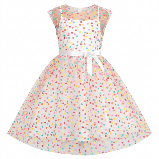 Sunny Fashion Girls Rainbow Polka Dot Tulle Dress with Ribbon Waist
