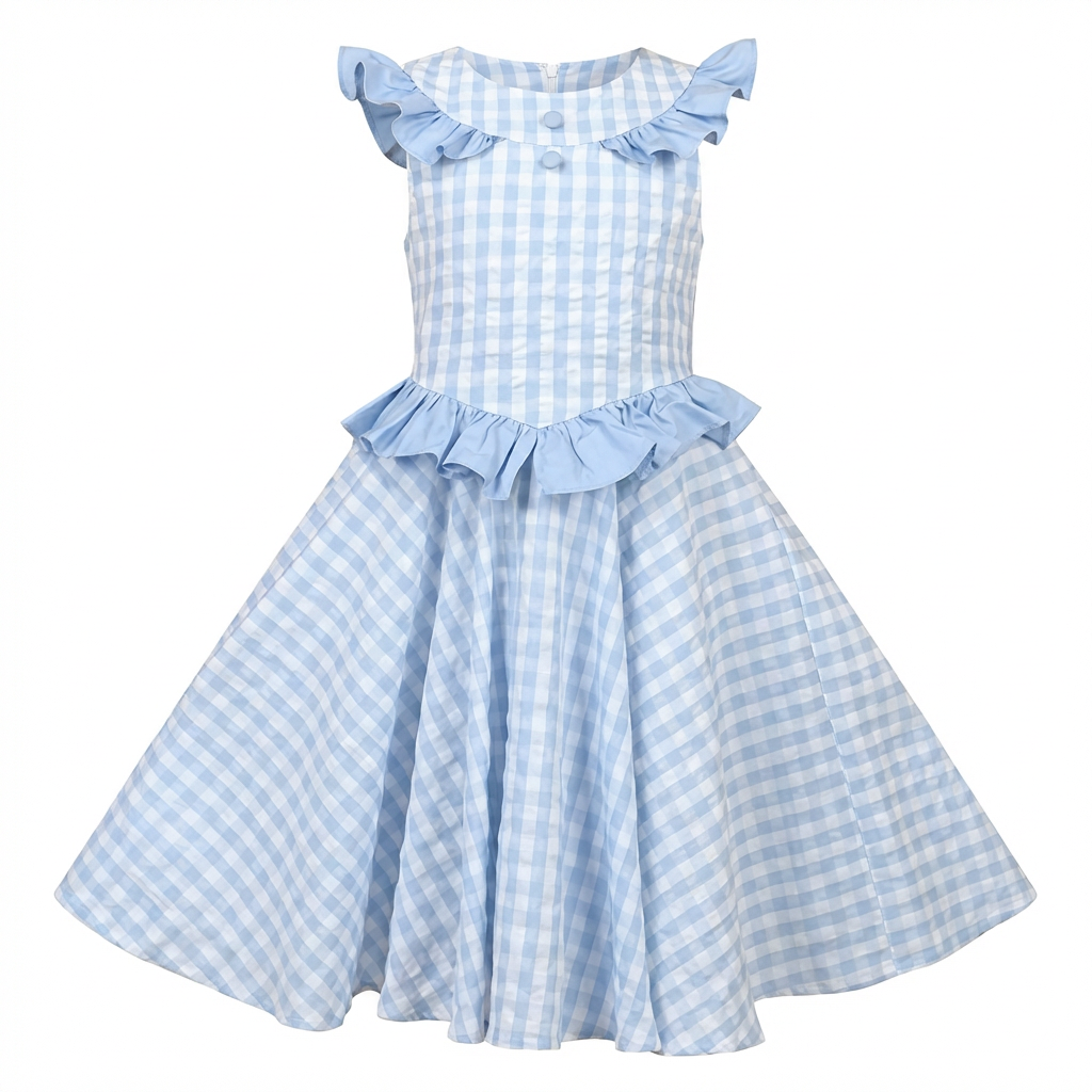 Sunny Fashion Girls Blue Gingham Plaid Ruffle Cotton Dress