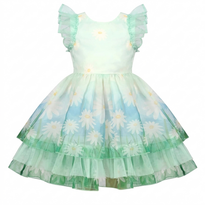 Sunny Fashion Girls Mint Green Daisy Tulle Dress with Ruffle Sleeves