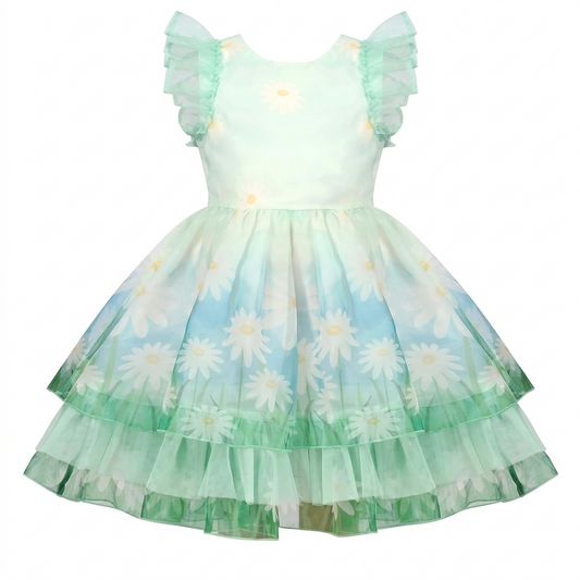 Sunny Fashion Girls Mint Green Daisy Tulle Dress with Ruffle Sleeves