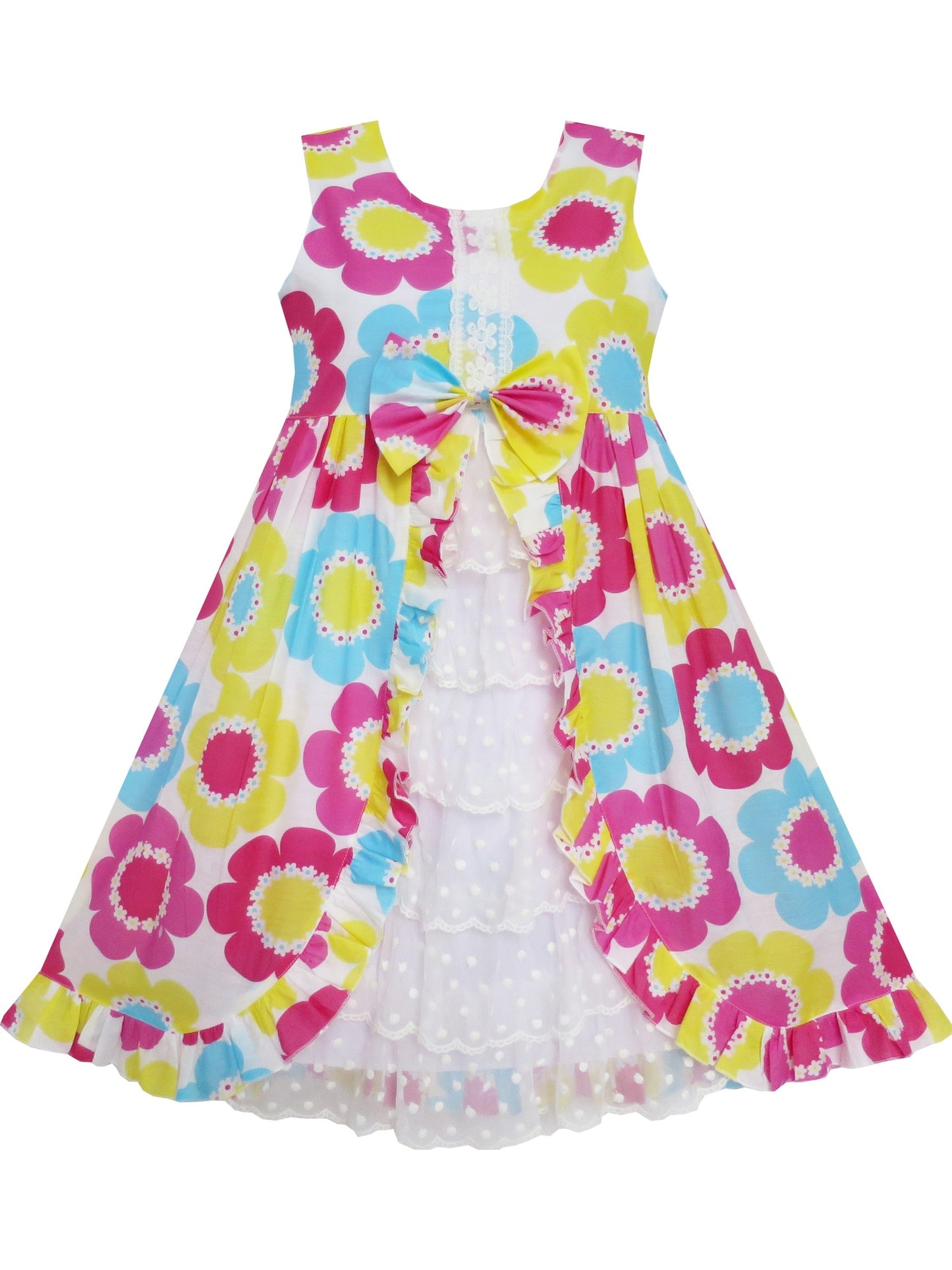 Girls Dress Yellow Red Flower Lace Tiered Pageant Party Dancing Kids Multi-Color