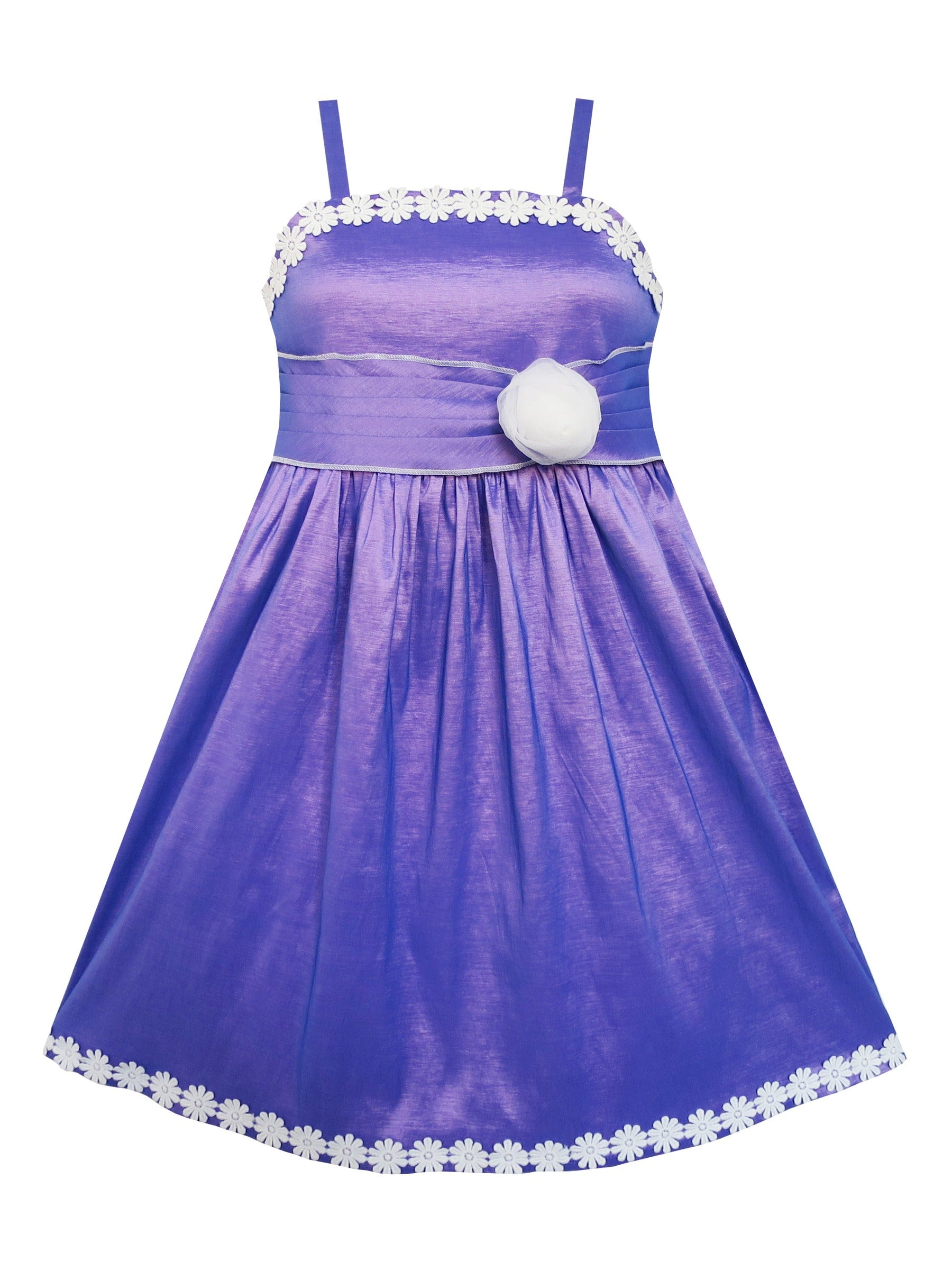 Girls Dress Purple Shinning Tank White Flower Trimmed Party Kids Purple
