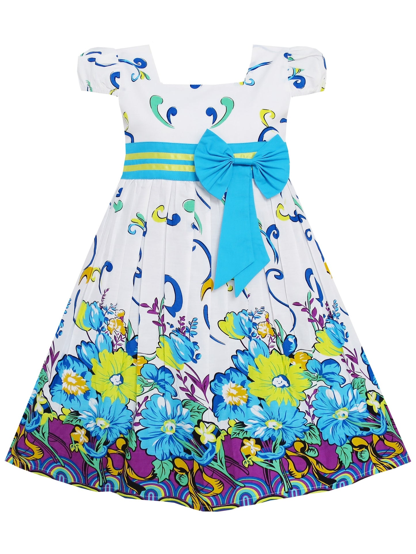 Girls Dress Butterfly Print Bow Tie Princess School Children Clothing Blue