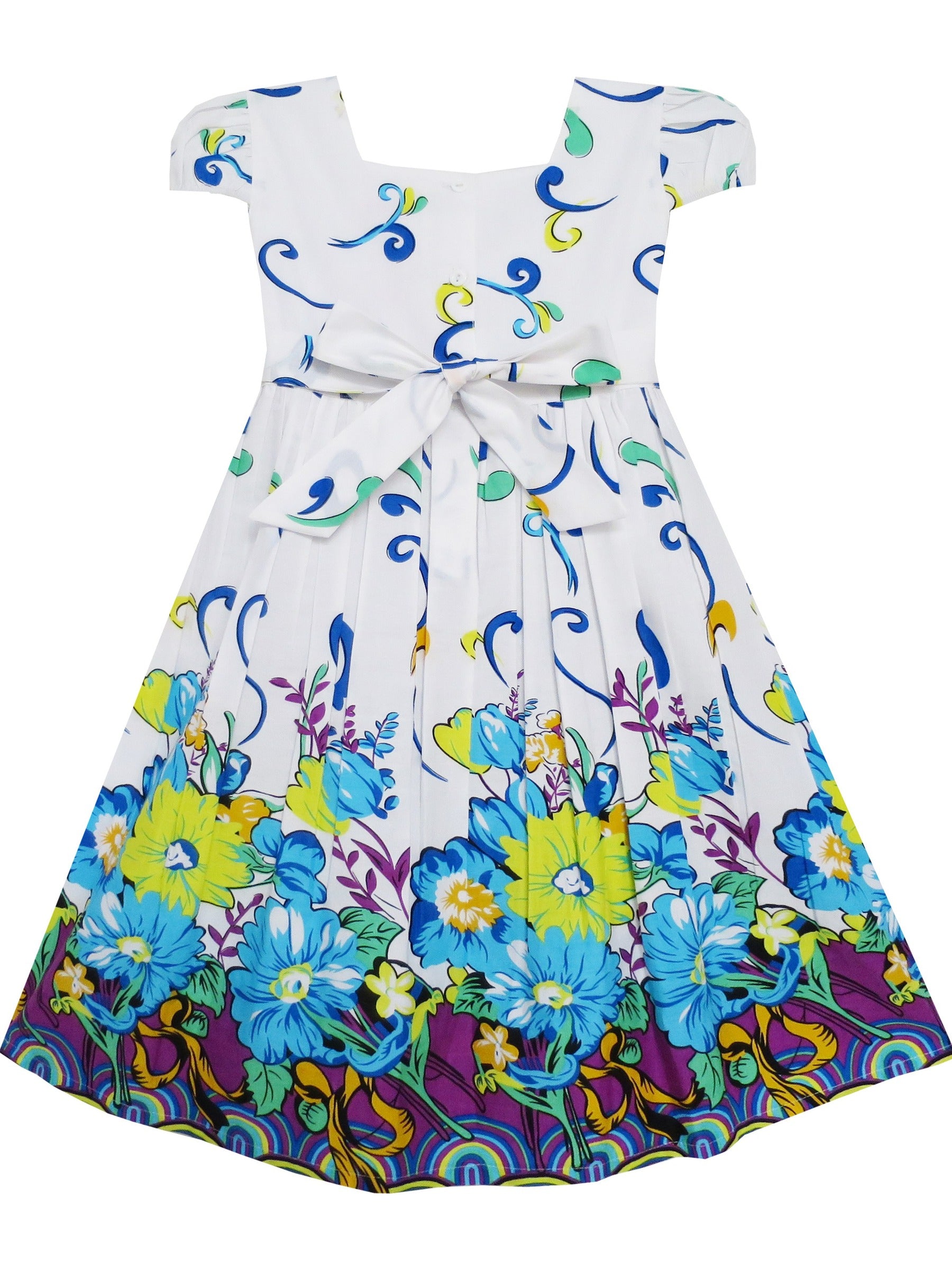 Girls Dress Butterfly Print Bow Tie Princess School Children Clothing Blue