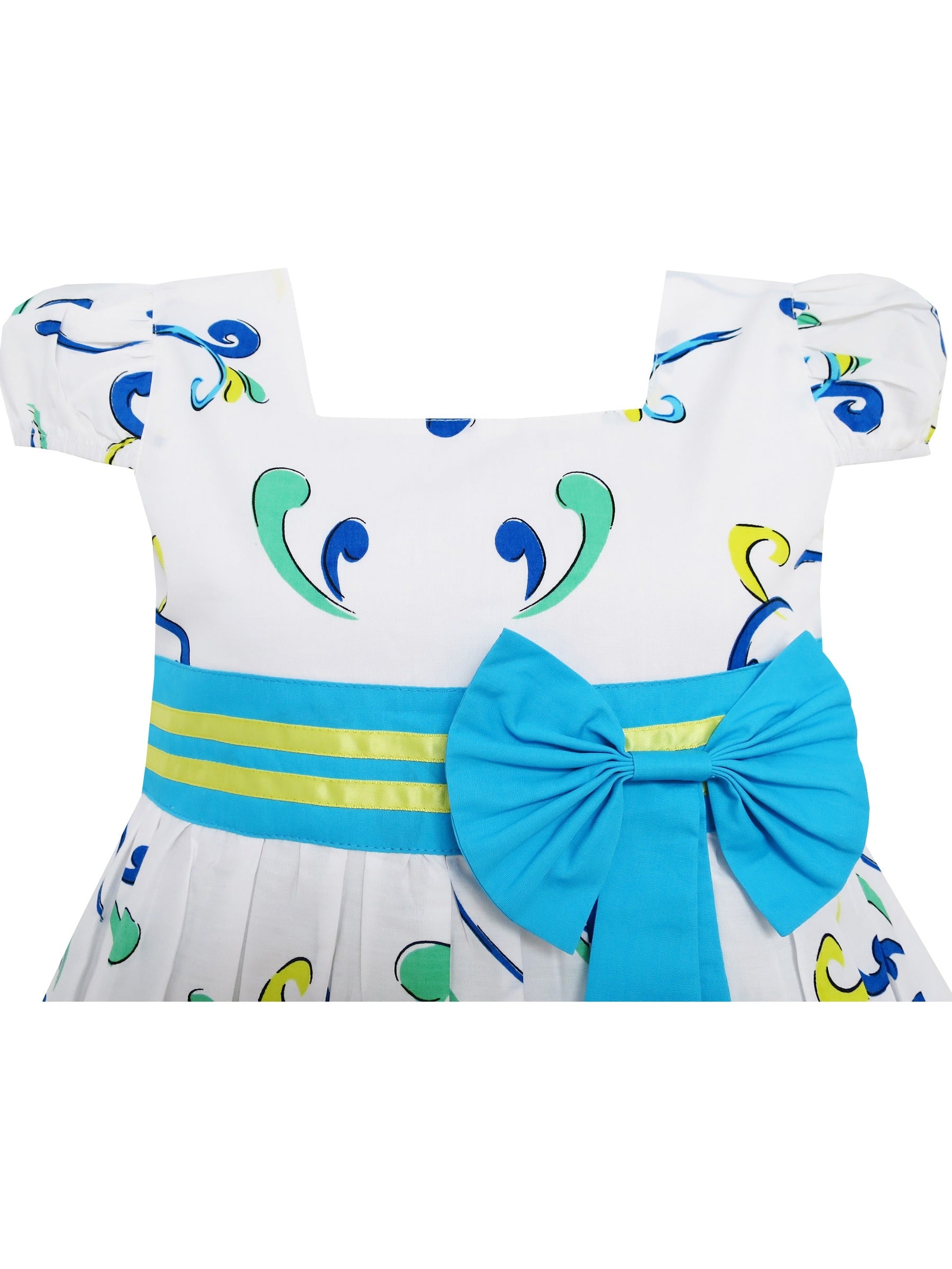 Girls Dress Butterfly Print Bow Tie Princess School Children Clothing Blue