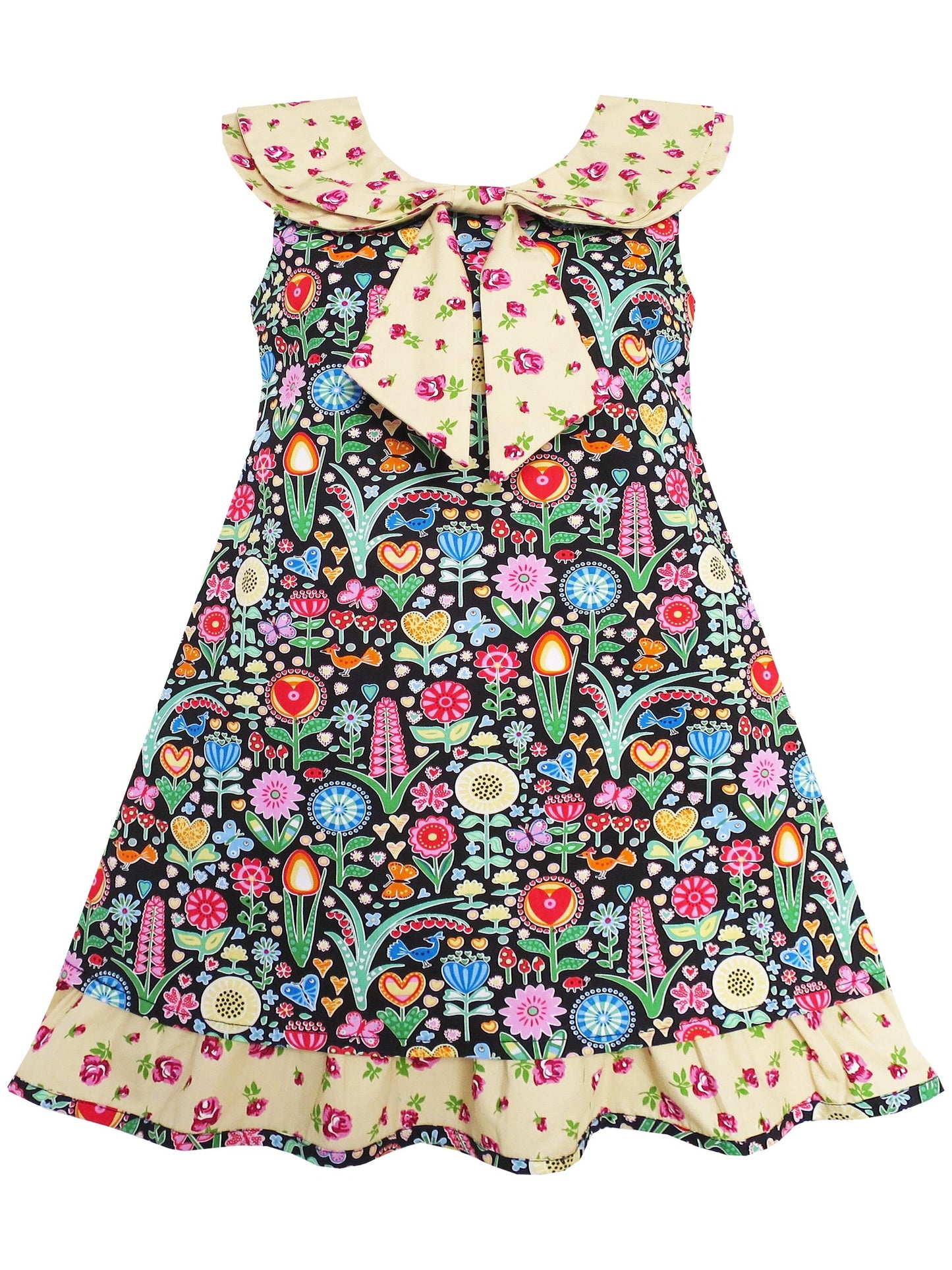 Girls Dress Bow Tie Pink Floral Turn-Down Collar and Trim Yellow