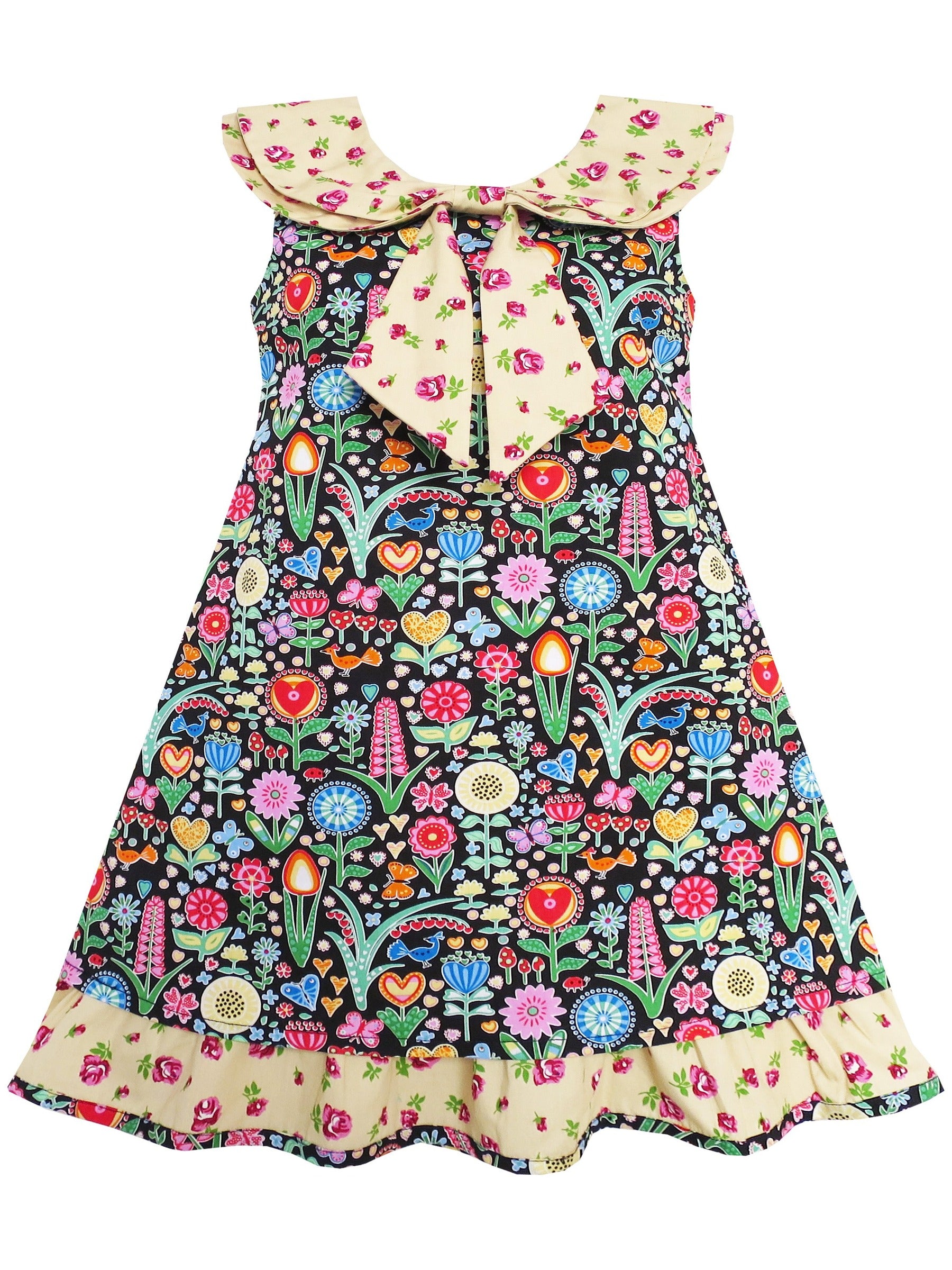 Girls Dress Bow Tie Pink Floral Turn-Down Collar and Trim Yellow