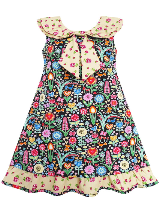 Girls Dress Bow Tie Pink Floral Turn-Down Collar and Trim Yellow