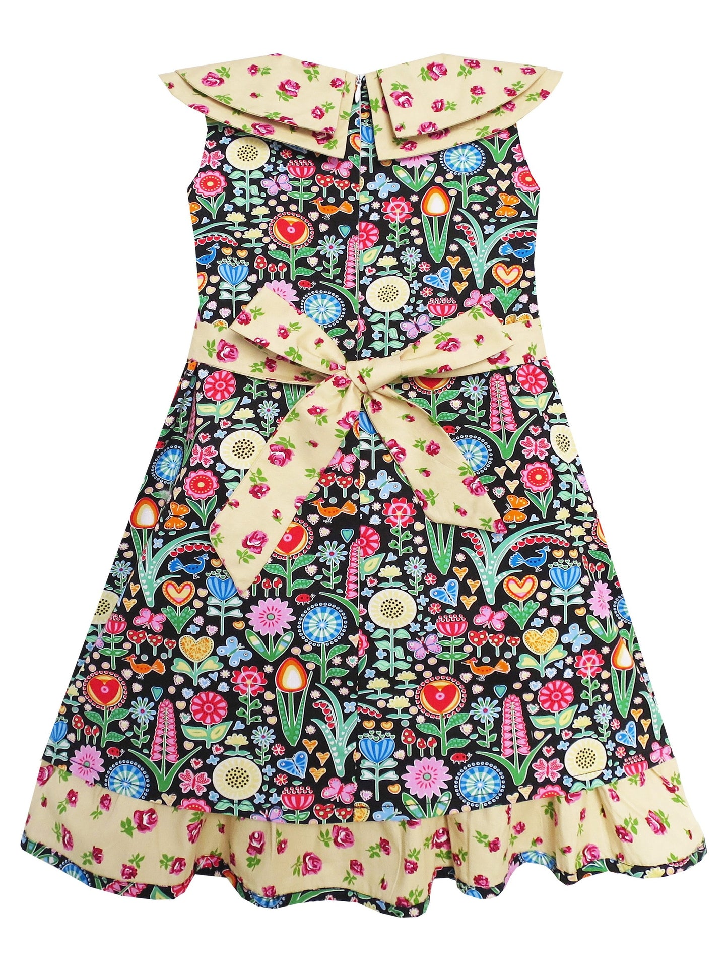 Girls Dress Bow Tie Pink Floral Turn-Down Collar and Trim Yellow