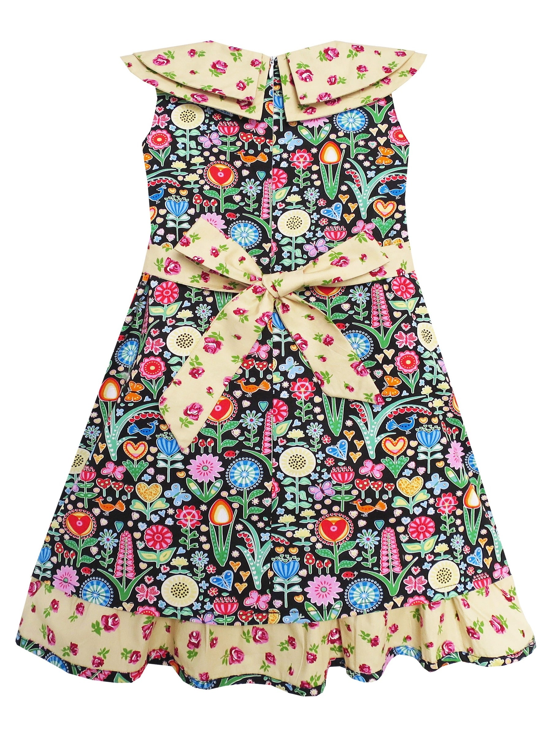 Girls Dress Bow Tie Pink Floral Turn-Down Collar and Trim Yellow