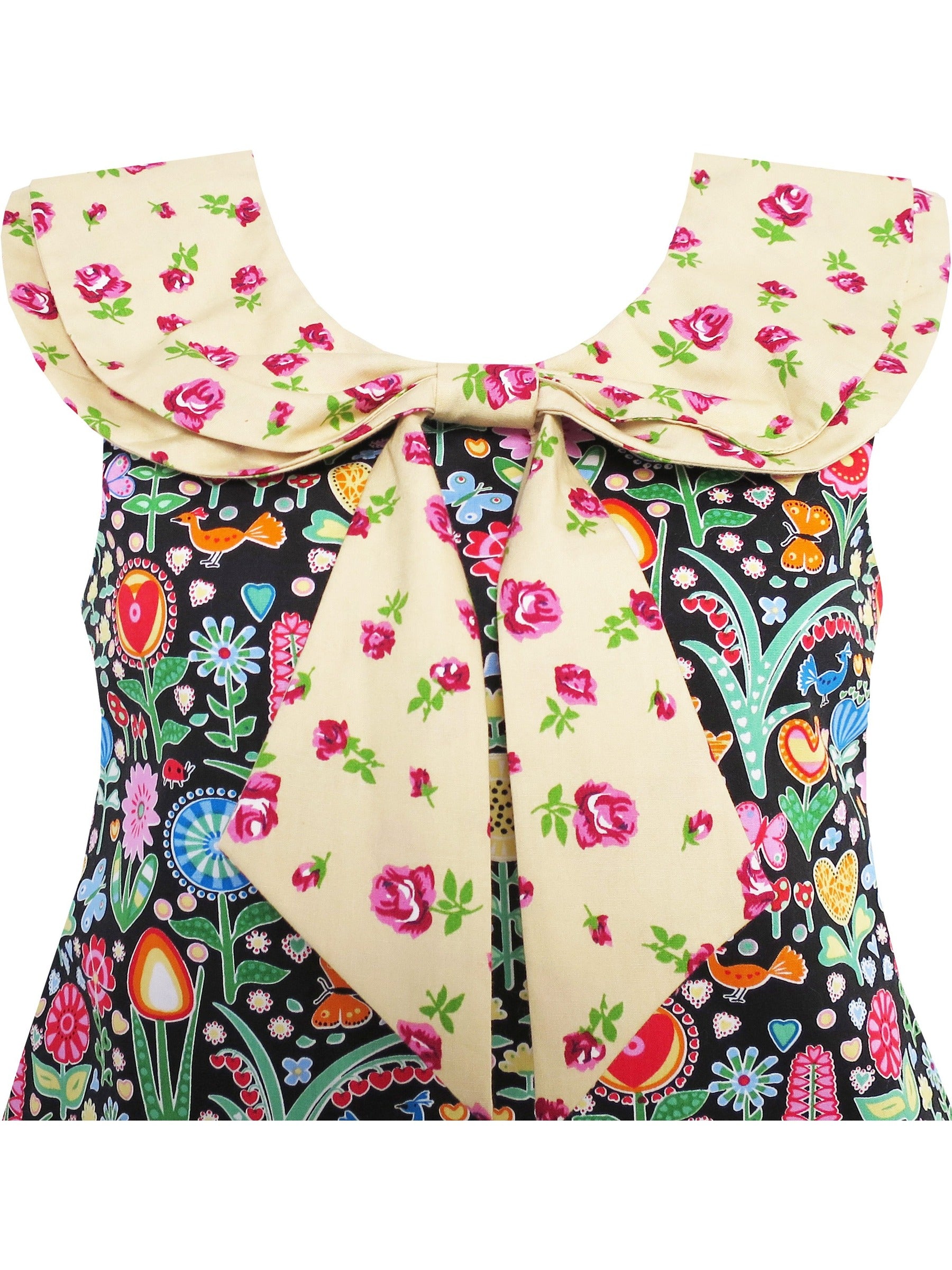 Girls Dress Bow Tie Pink Floral Turn-Down Collar and Trim Yellow