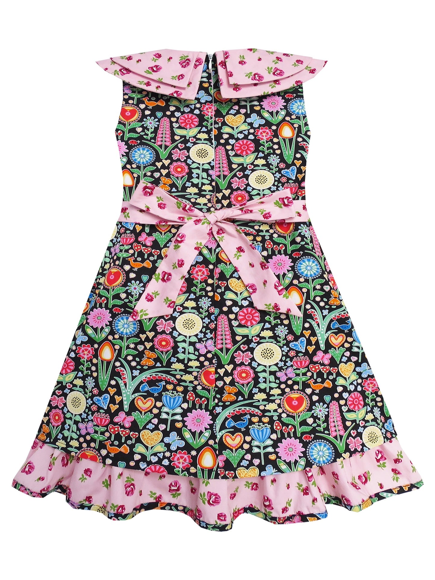 Girls Dress Bow Tie Pink Floral Turn-Down Collar and Trim Pink