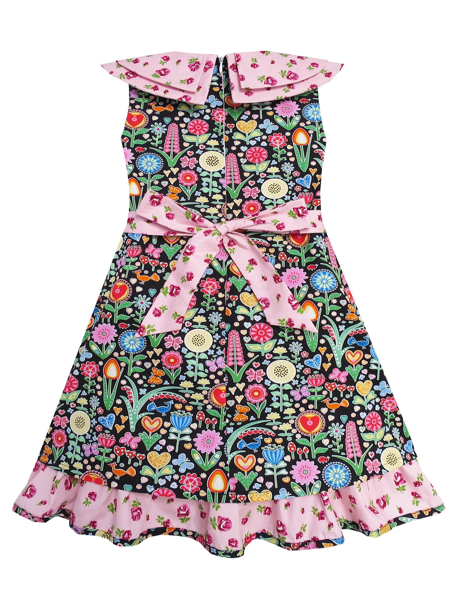 Girls Dress Bow Tie Pink Floral Turn-Down Collar and Trim Pink