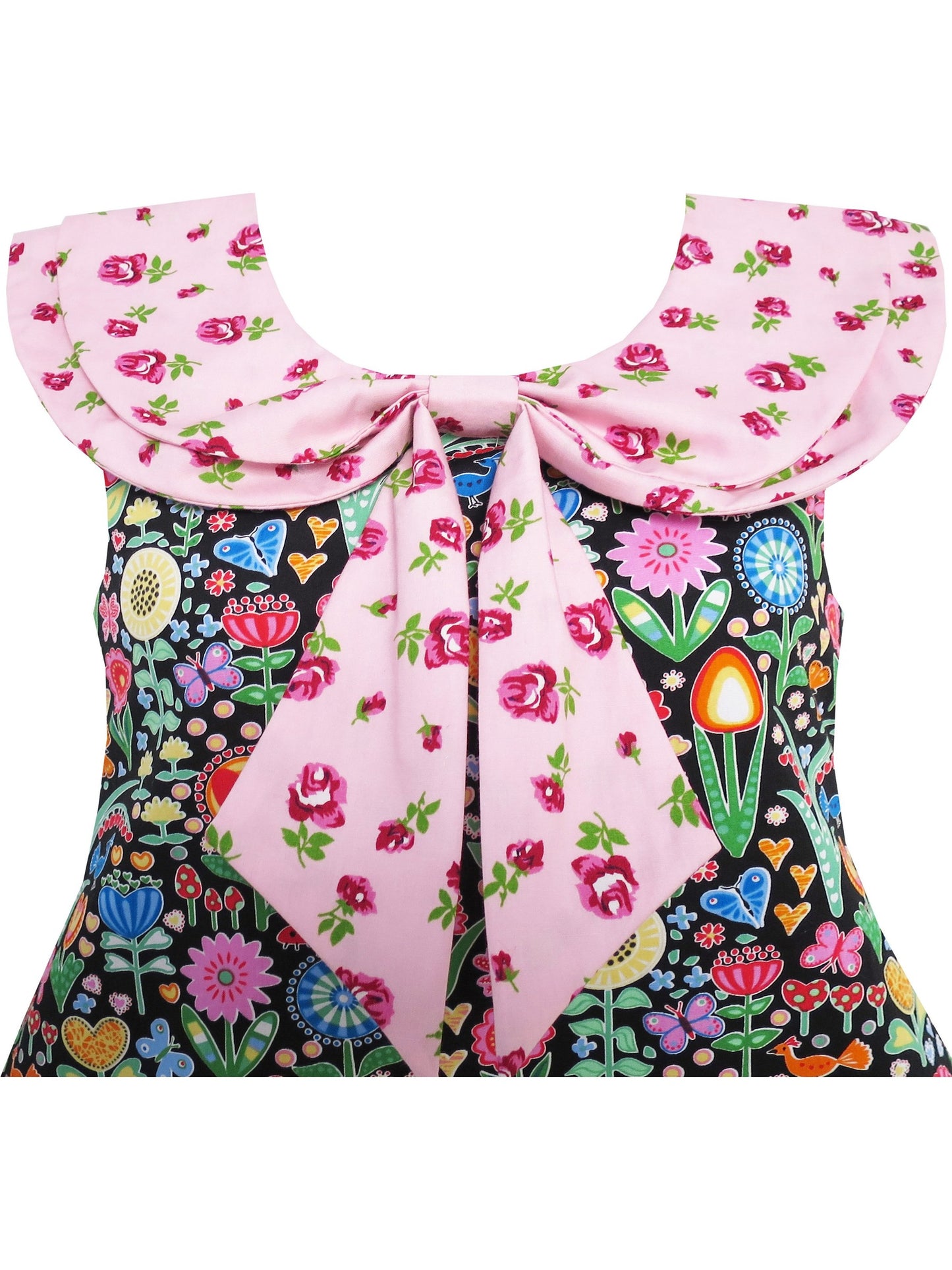 Girls Dress Bow Tie Pink Floral Turn-Down Collar and Trim Pink