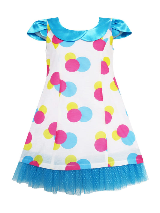 Girls Dress Blue Turn-Down Collar Lace Trim Polka Dot Blue