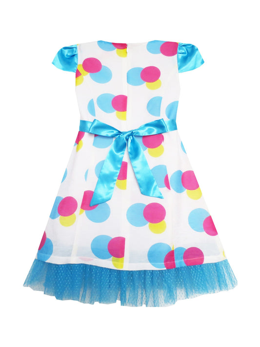 Girls Dress Blue Turn-Down Collar Lace Trim Polka Dot Blue