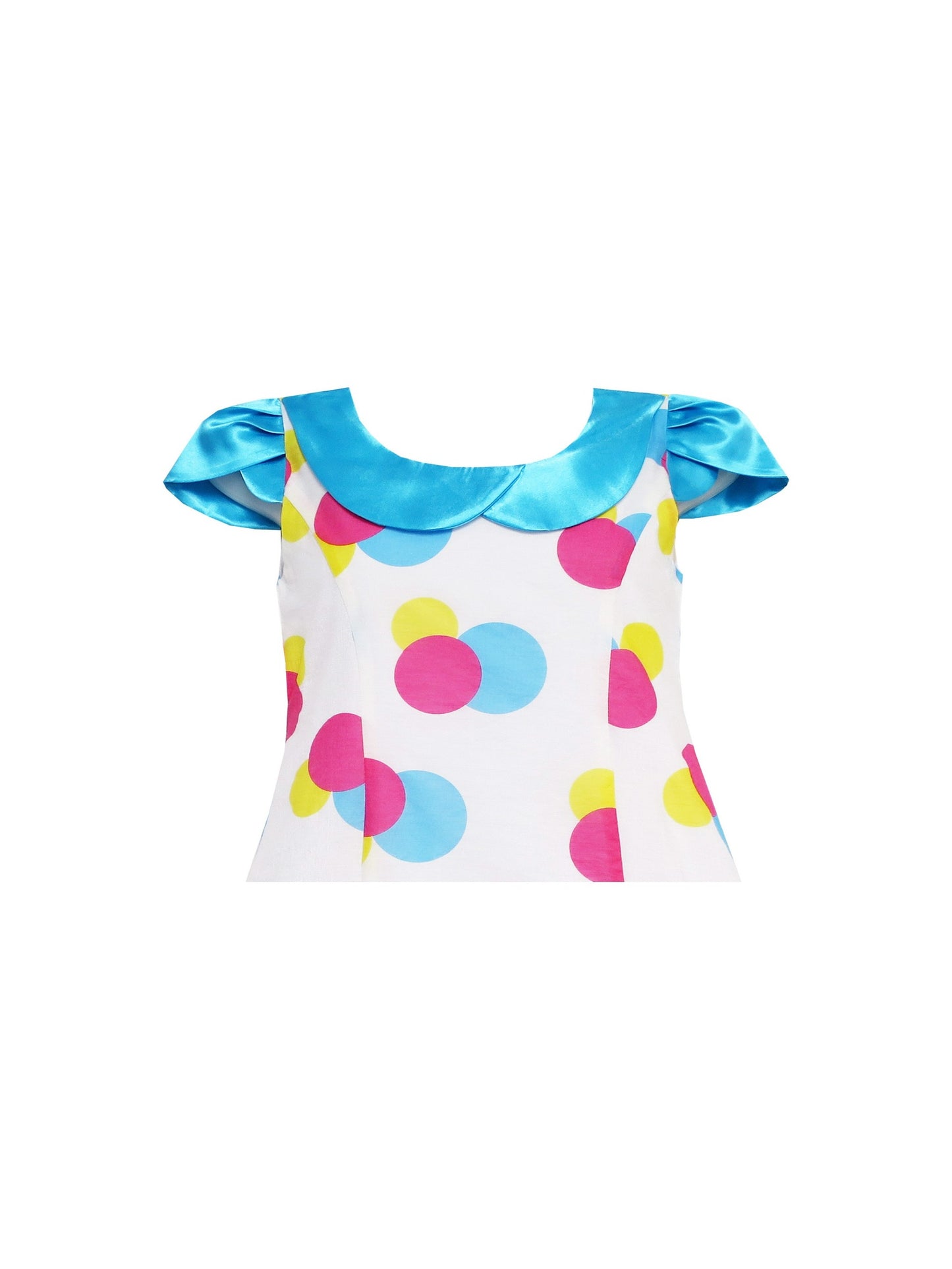Girls Dress Blue Turn-Down Collar Lace Trim Polka Dot Blue