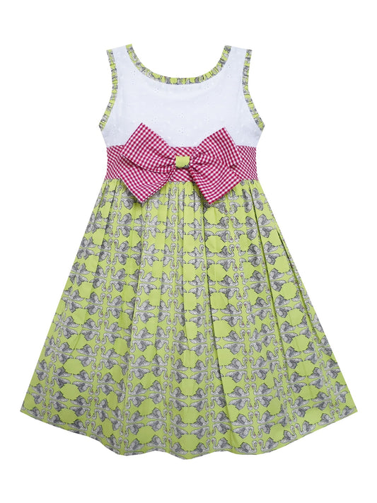 Girls Dress Bow Tie Swan Print Princess Cotton Green Green
