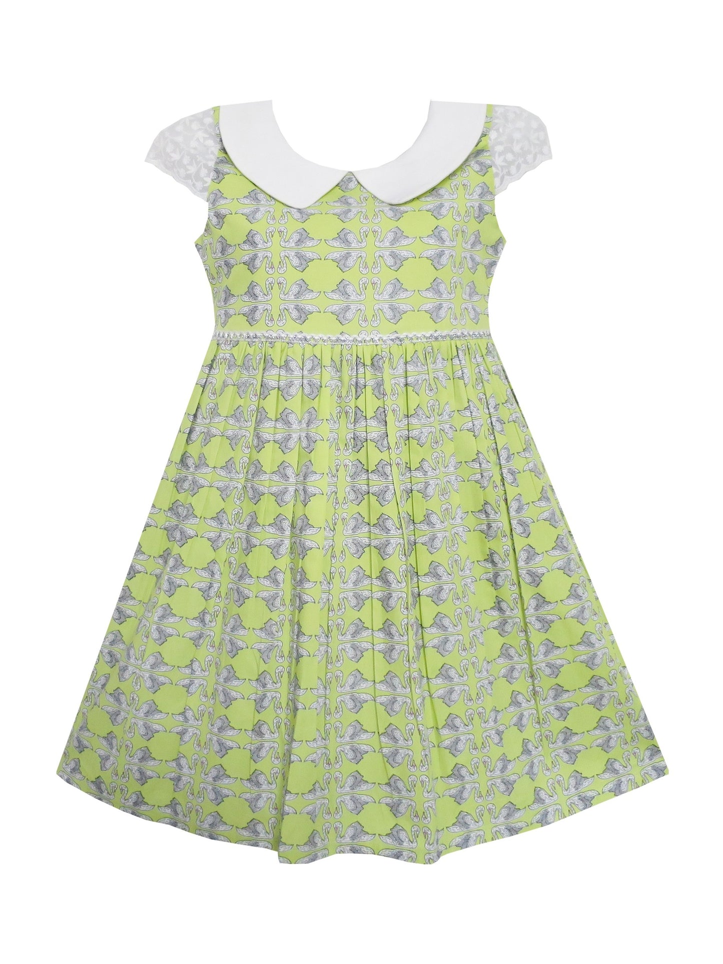 Girls Dress Bow Tie Swan Print Turn-Down Collar Green Green