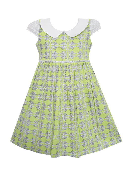 Girls Dress Bow Tie Swan Print Turn-Down Collar Green Green