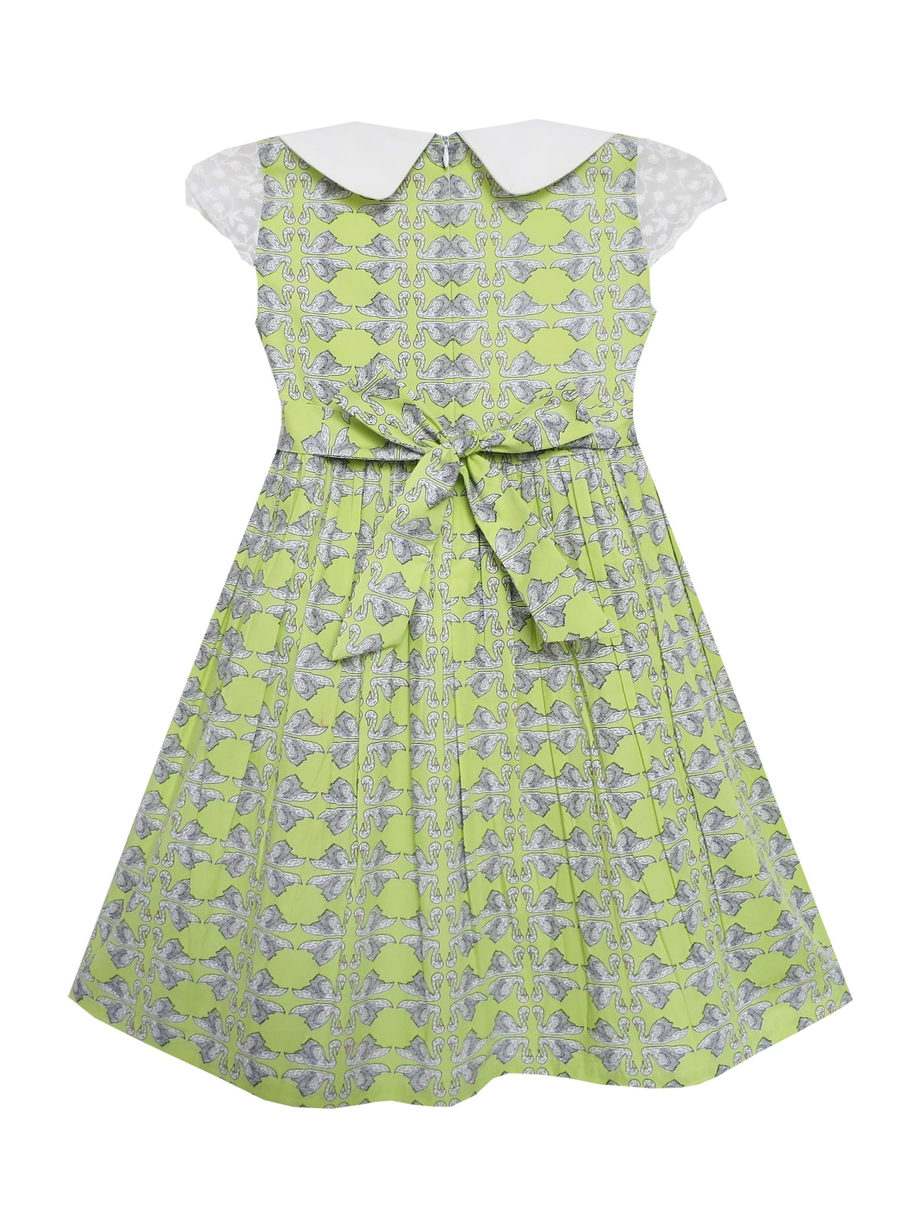 Girls Dress Bow Tie Swan Print Turn-Down Collar Green Green