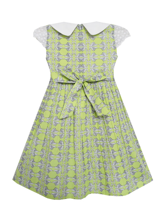 Girls Dress Bow Tie Swan Print Turn-Down Collar Green Green