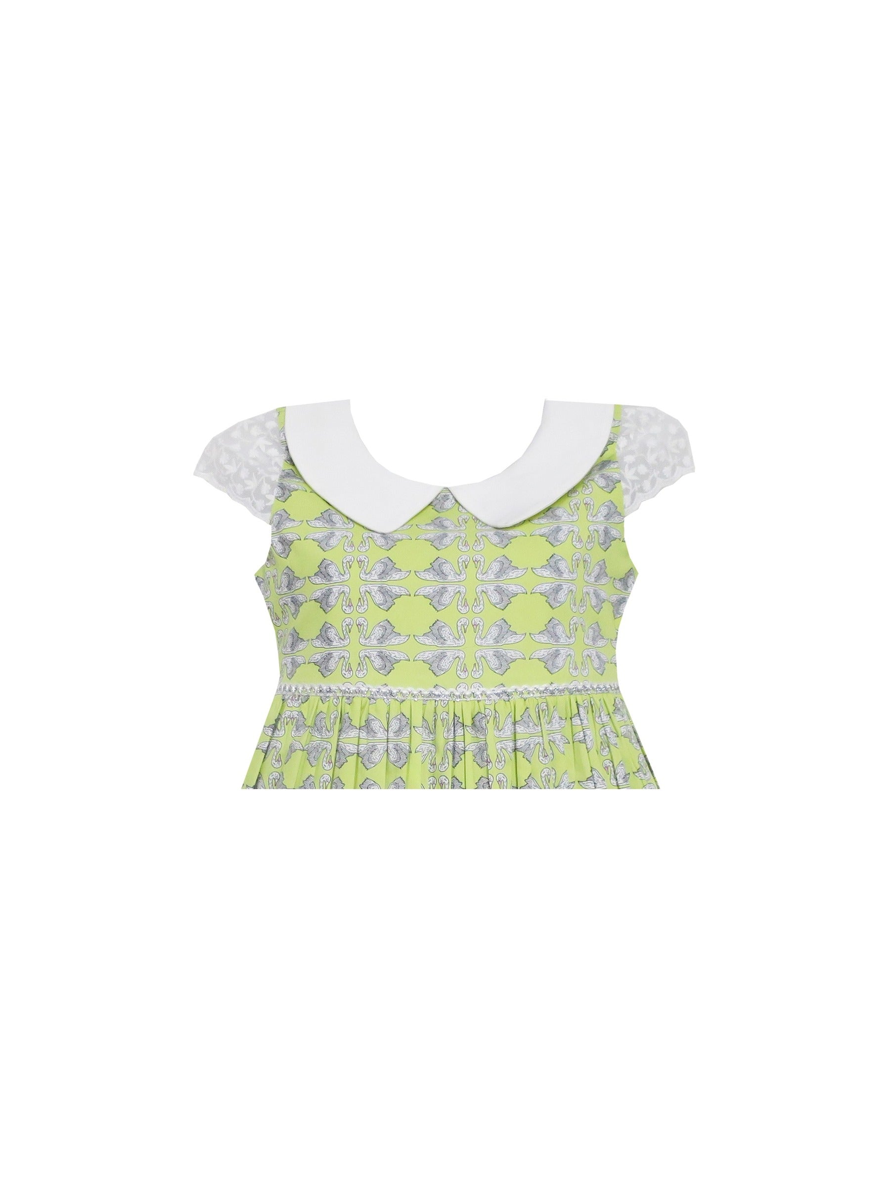 Girls Dress Bow Tie Swan Print Turn-Down Collar Green Green
