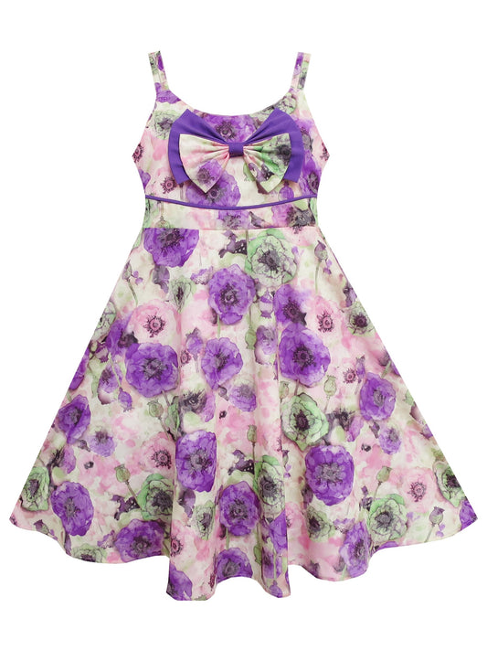 Girls Dress Sling Bow Tie Flower Princess Cotton Pink Purple