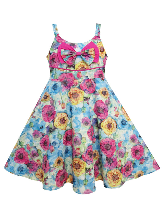 Girls Dress Sling Bow Tie Flower Princess Cotton Pink Pink