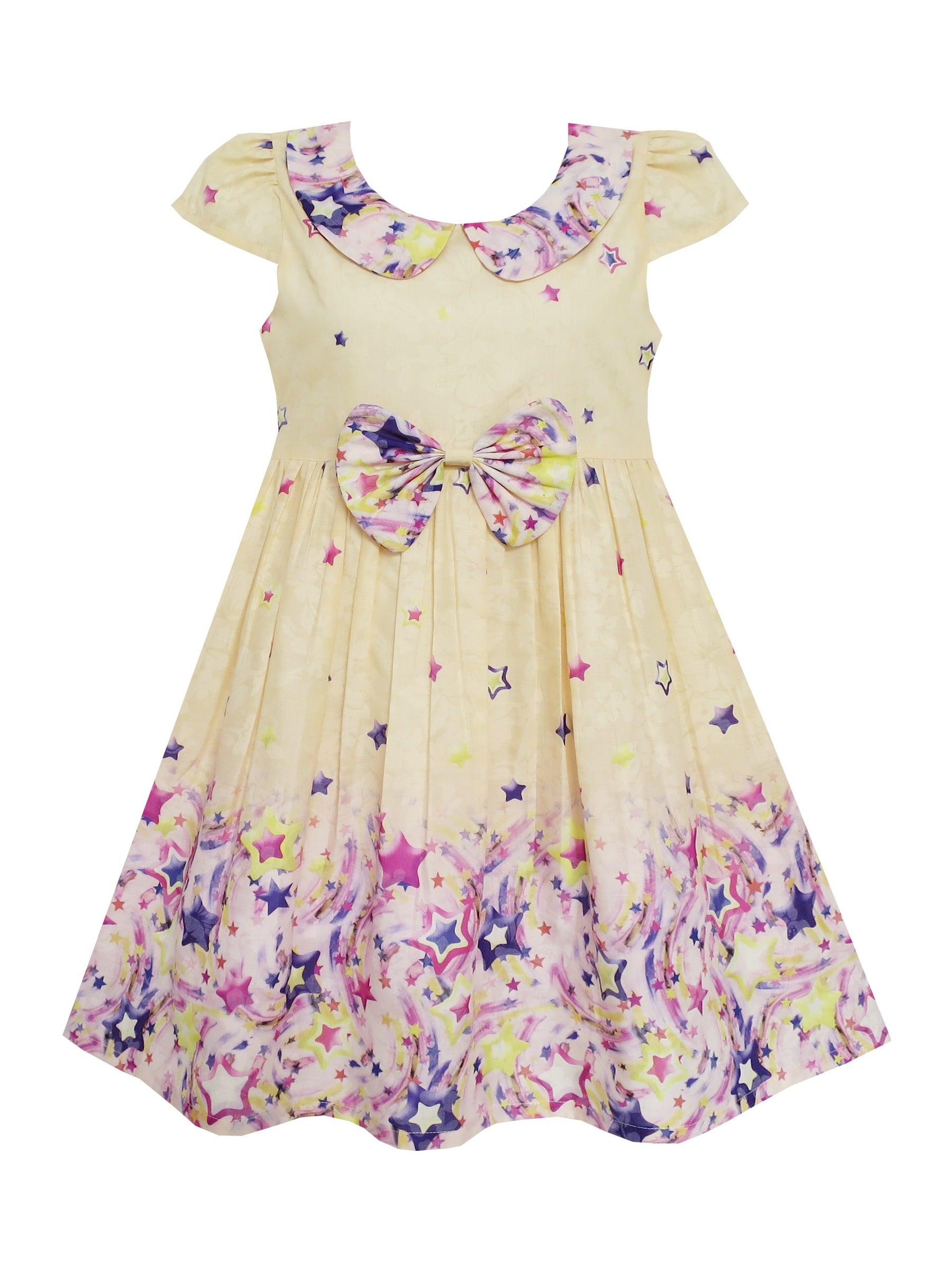 Girls Dress Star Sky Print Turn-down Collar Yellow Beige
