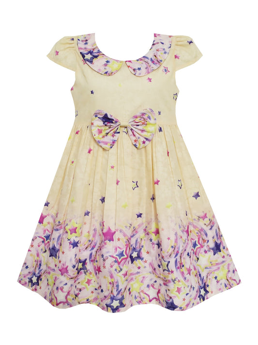 Girls Dress Star Sky Print Turn-down Collar Yellow Beige